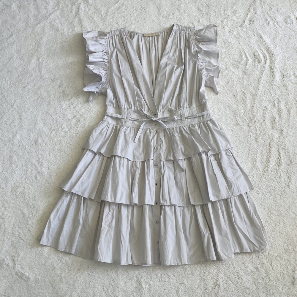 Ulla Johnson Sena Tiered Flutter-Sleeve Ruffle Dress in Dove Light Gray Size 10 - Picture 2 of 13